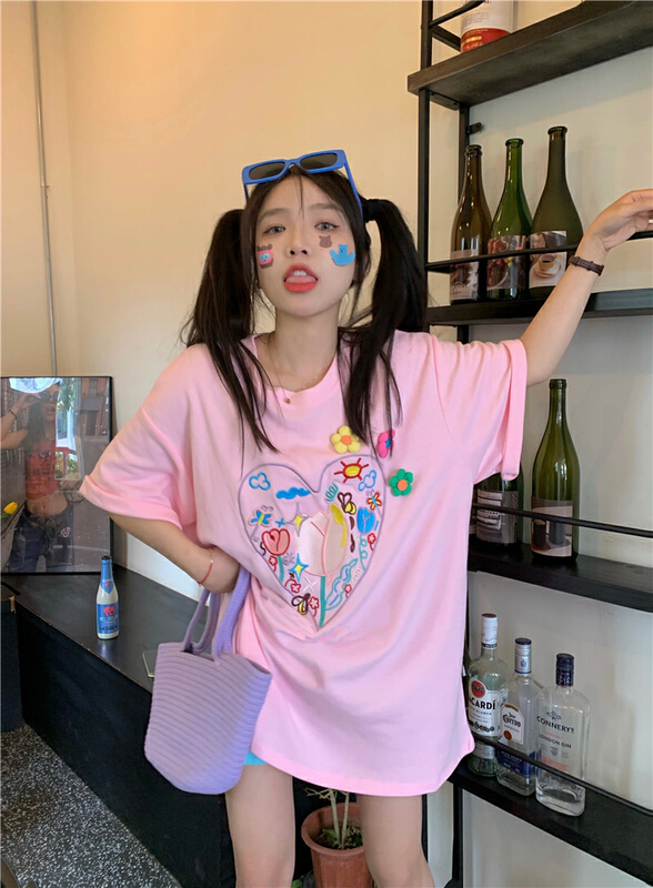 [timely rain] Han Feng ins sweet aging love embroidered short sleeve T-shirt 99829# WPL