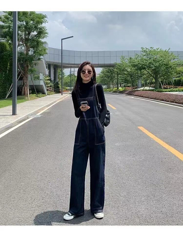 New year in early spring! [Gangan] Korean loose aging fashion straight tube denim suspenders 8477# ll