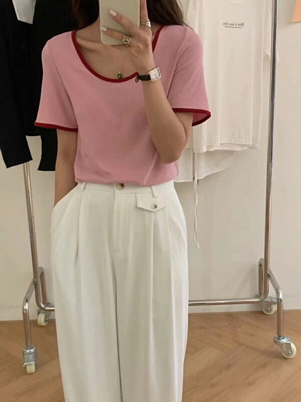 [R n] Korean round neck short sleeve color matching elastic slim fit sweater 81061# ll