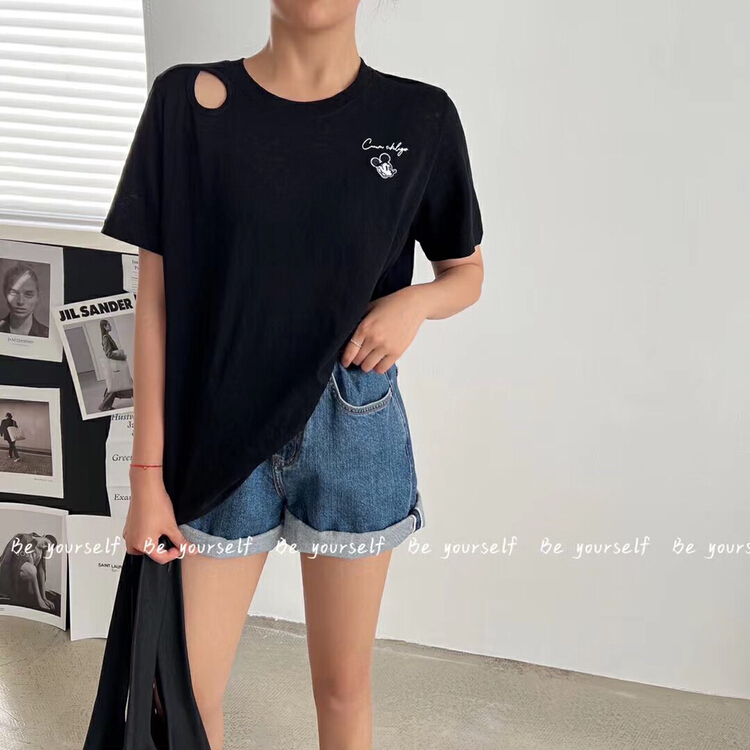 [be your self] Korean letter embroidered Mickey off shoulder short sleeve T-shirt t66189# LSL