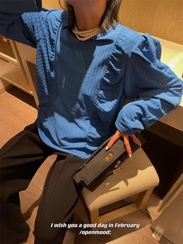 goods in stock! New year in early spring! [open] solid color pleated temperament blouse (only selling tops) 3376# XYJ