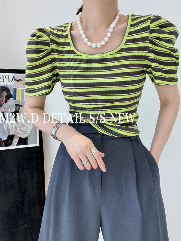 [m2w. D] striped bubble sleeve short sleeve T-shirt 11797# ozq