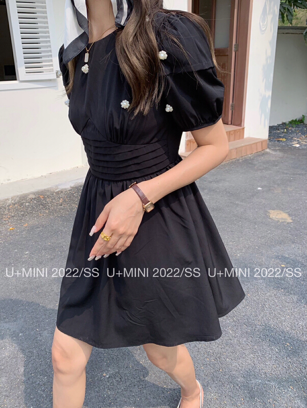 goods in stock! New in early summer! [U + Mini] French small fresh and thin waist closed short sleeve pearl dress d0605# WPL