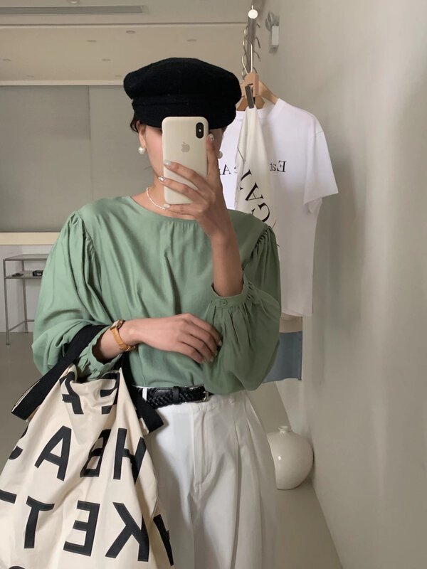 [wanna] solid color versatile bubble sleeve shirt 98692# cqw