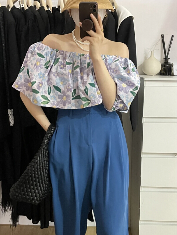 [y.jia Yijia] a small shirt with one shoulder and large swing + slim fitting trousers set ys1-3329# PCZ