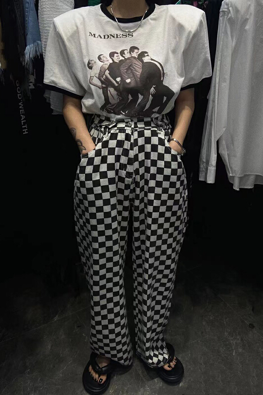 [buyer Yan Xuan - God of wealth] Korean straight black and white check jeans 2034# Cl