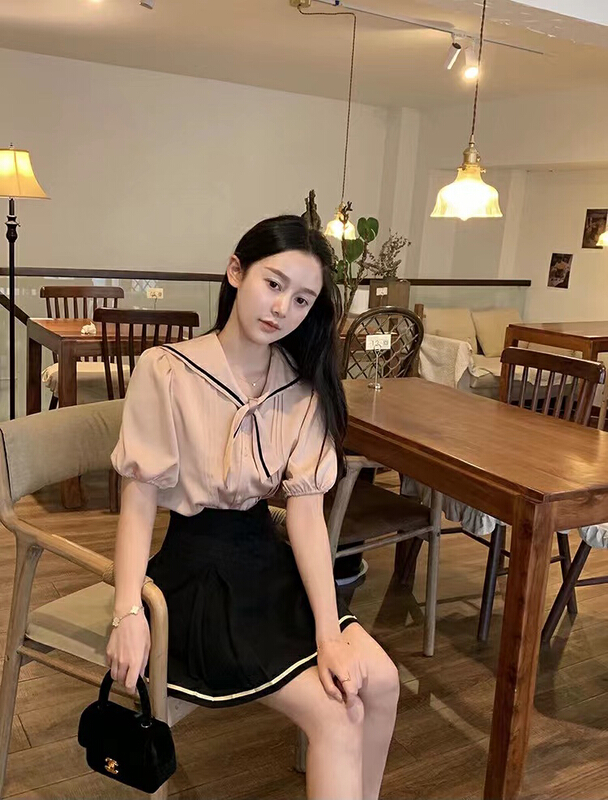 [are studio] college style Navy collar shirt + high waist skirt suit 9770# WPL