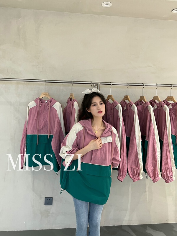 [miss Zi] hooded long sleeve color blocking sunscreen shirt 2382# cqw