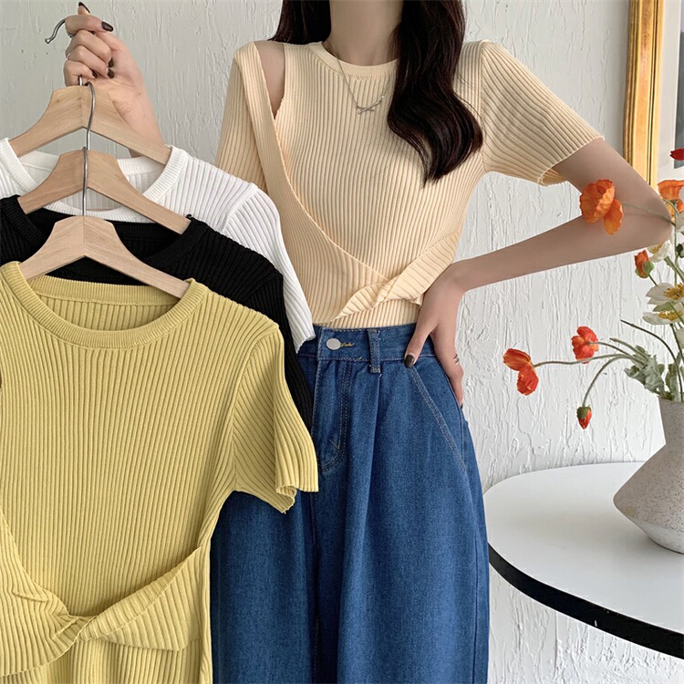 goods in stock! New in early summer! [F.P.] Korean style cross design Short Sleeve Sweater 07107# HBx