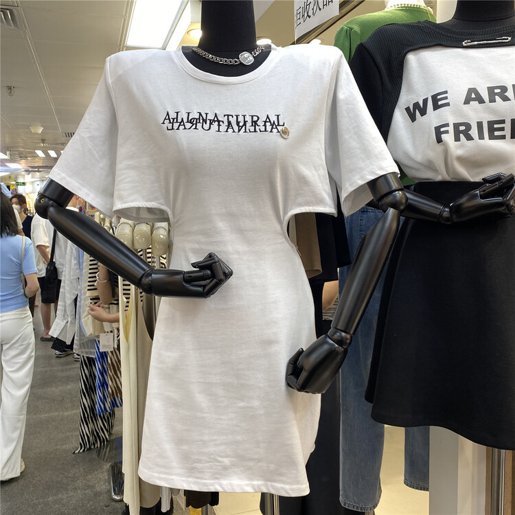 [fashion bazaar] personalized waist cut-out embroidered letter dress 2086# WTT