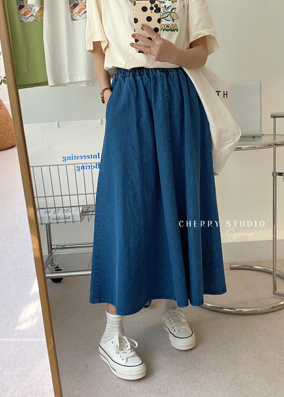 New year in early spring! [cherry studio] versatile denim pleated skirt 5062# HBx