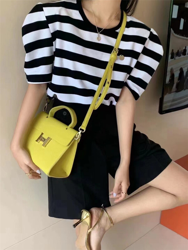 [al] crew neck drawcord design versatile stripe short sleeve T-shirt 6268# lwy