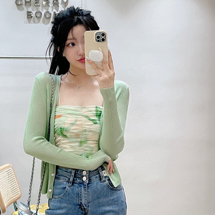 [pan] solid color thin V-neck ice silk knitted sunscreen cardigan + temperament slim sling set 00449# PCZ