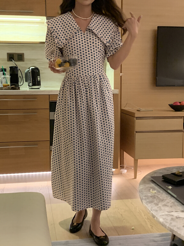 [on line] wave dot doll neck loose tie age reducing dress 6297# lwy