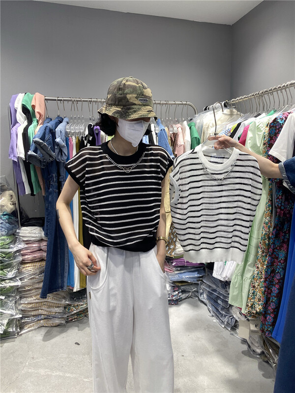 [D +] chain design striped sweater (detachable with chain) 2213# lwy