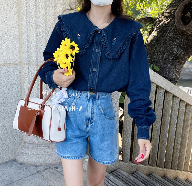 New year in early spring! [timely rain] Han Feng ins sweet baby collar Lapel Embroidered Denim Shirt 02073# jhy