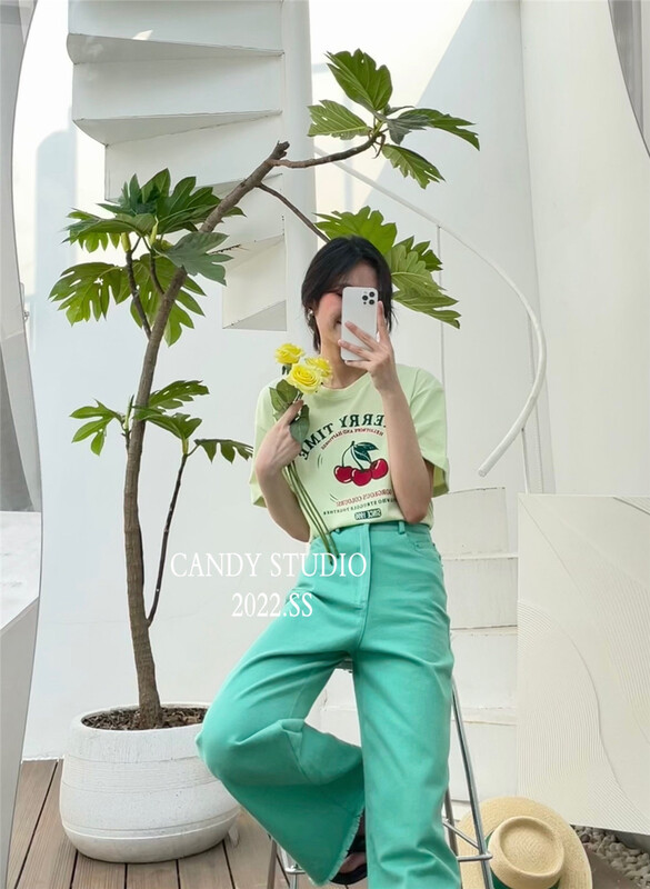 [candy] Korean alphabet printed fresh short sleeve T-shirt 7398# zjy
