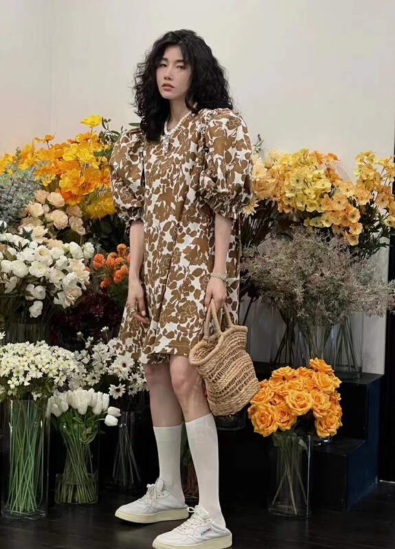 [keen k] French printed loose foam sleeve dress l55# WTT