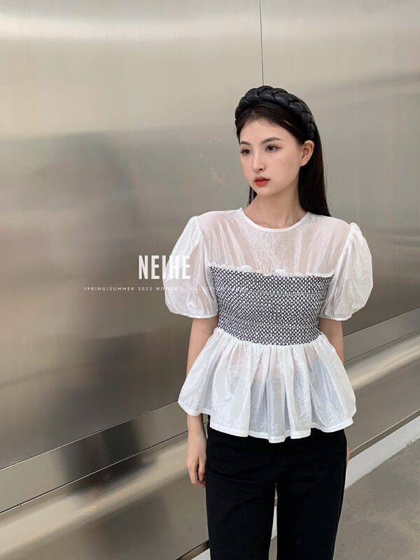 goods in stock! New in early summer! [neihe] bubble sleeve waistband Ruffle high-grade shirt 22167# zxx