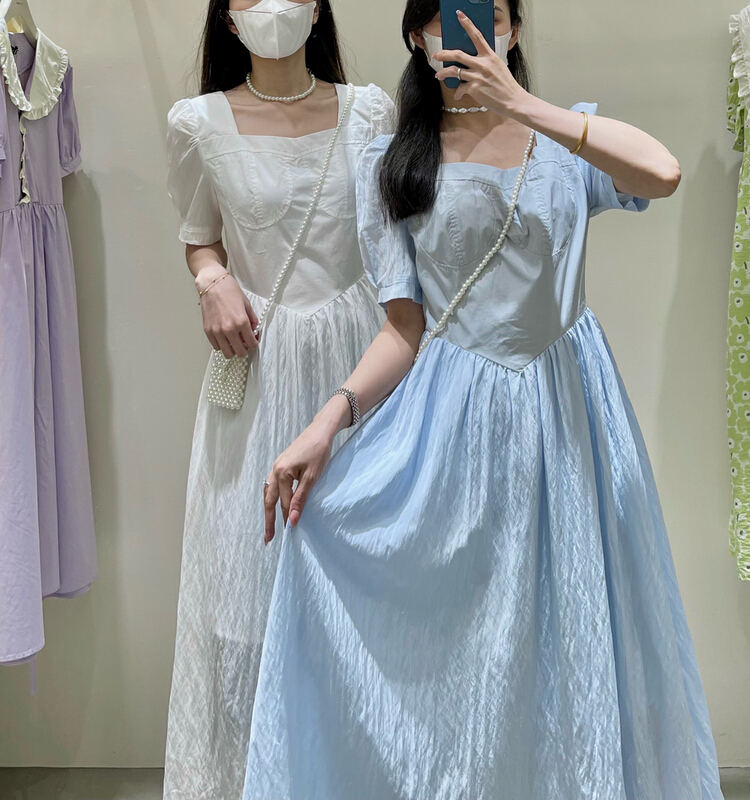 [from. V] Korean version waist closing bubble sleeve square neck dress 7915-1# ll