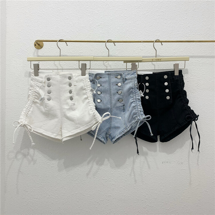 [u.she] Korean drawstring skinny denim shorts 6719# cqw