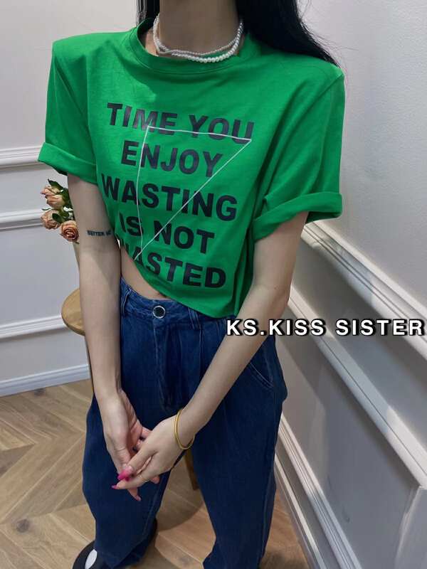 [KS] high sense letter printing, small and versatile shoulder pad short sleeve T-shirt m21051# ozq