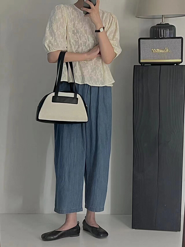 [tototellme] Korean simple embroidered bubble sleeve short shirt 20455# HBx