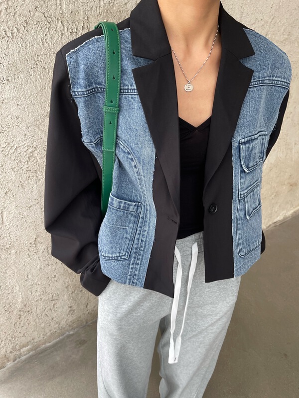 [KH] fashion stitching suit denim jacket w217# cqw