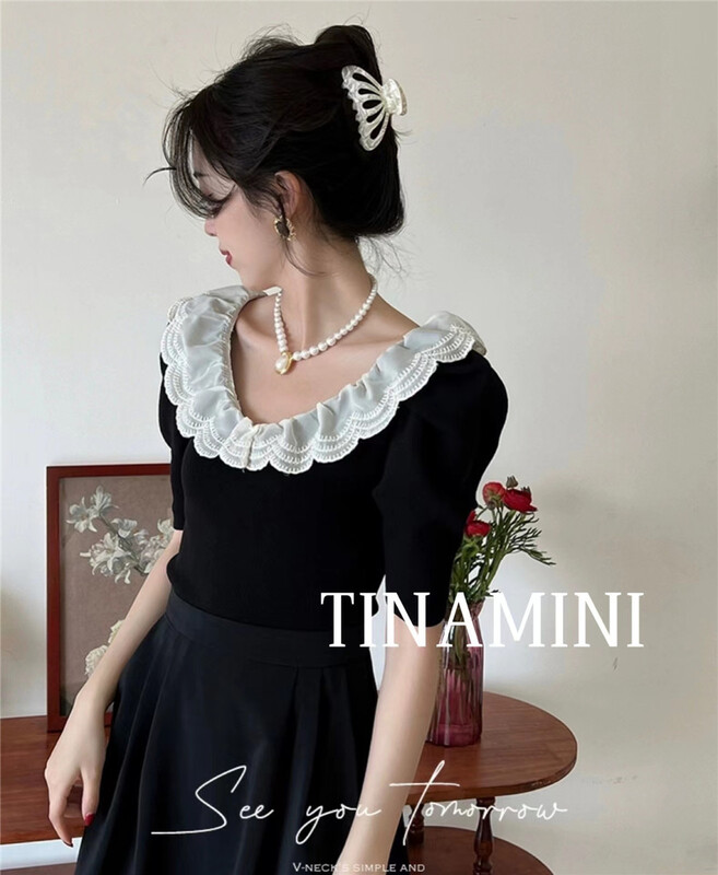 【TINAMINI】韓版氣質蕾絲領針織衫  7323#  HJY
