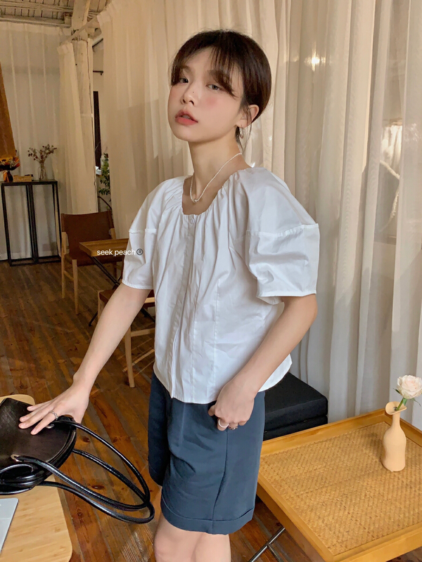 goods in stock! New in early summer! [seek peach] simple solid color versatile blouse 5133# ll
