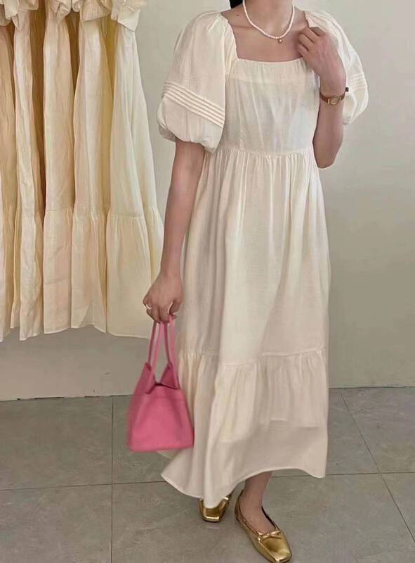 New in early summer! [larti] French retro back bandage bubble sleeve medium length dress 8368# ll