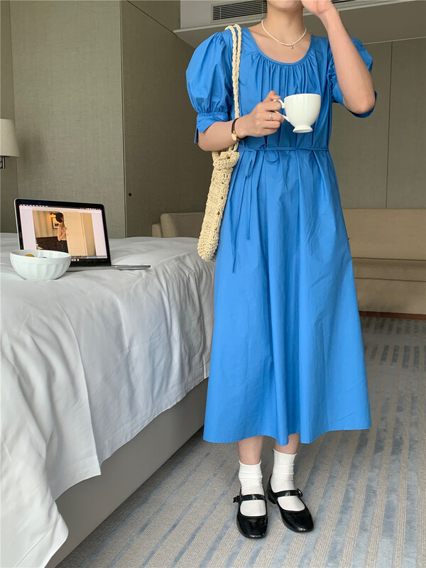 [feeding] Korean solid color loose and versatile dress (with waist rope) 7826-a7# cqw