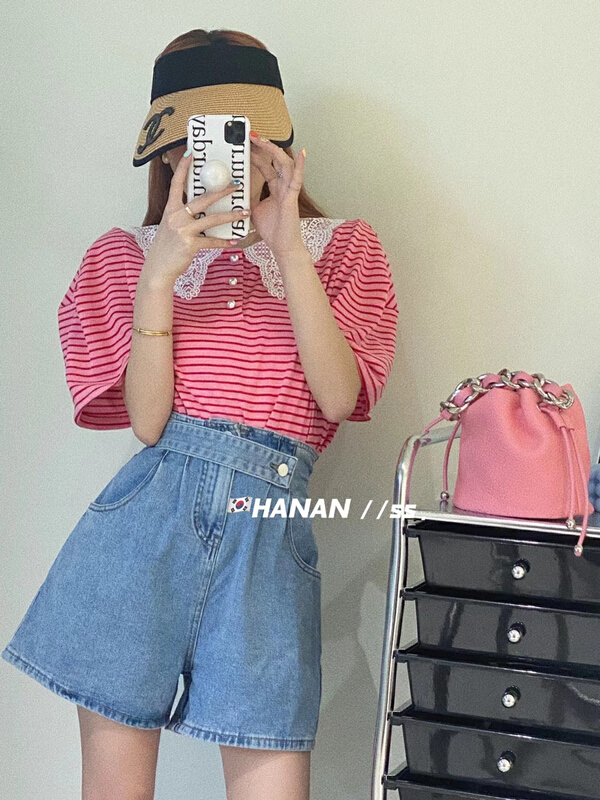 [Hanan] Korean versatile loose large doll neck stripe short sleeve T-shirt ys1-6161# LSL