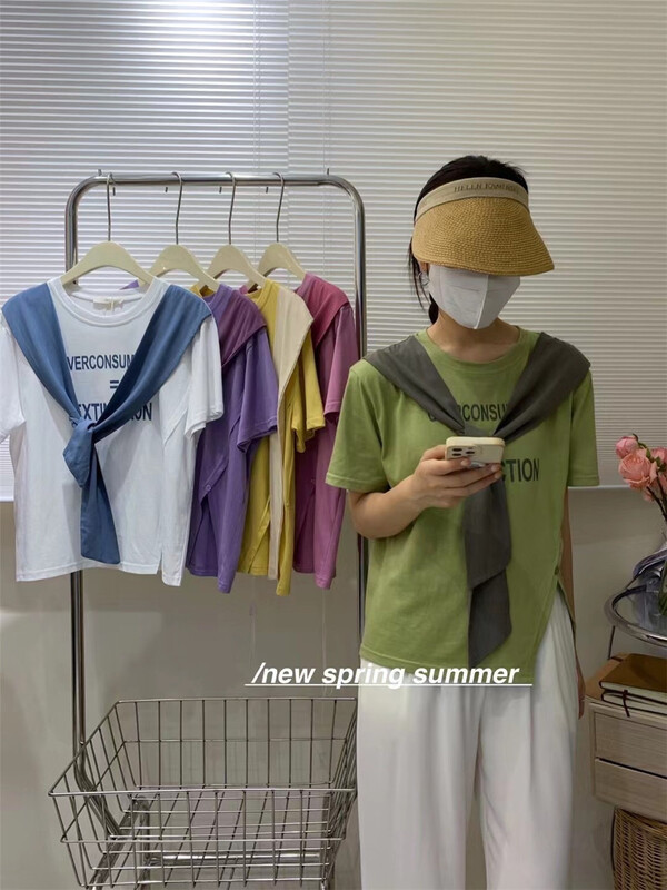 [Lina] Korean alphabet print mosaic shawl short sleeve T-shirt 8910# zxx