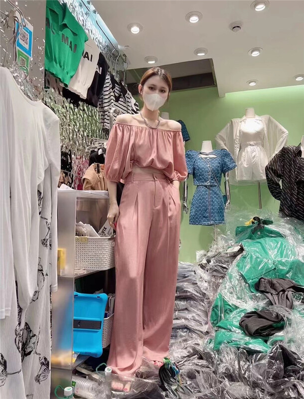 [pepper] one shoulder Shorts Shirt + high waist slim casual pants set 653# PCZ