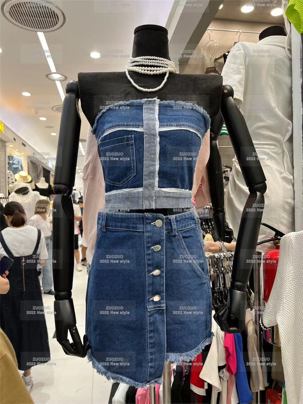 [Zuo Zuo] denim Strapless Vest + temperament Hip Wrap Skirt Suit 4583# ozq