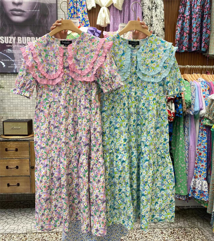 [N21] small fresh Navy collar wood ear floral design dress ys1-412# WPL