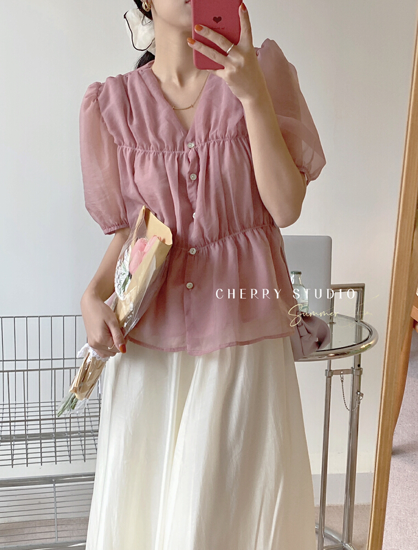 [cherry studio] Korean salt sweet Tencel shell button blouse 5218# HBx