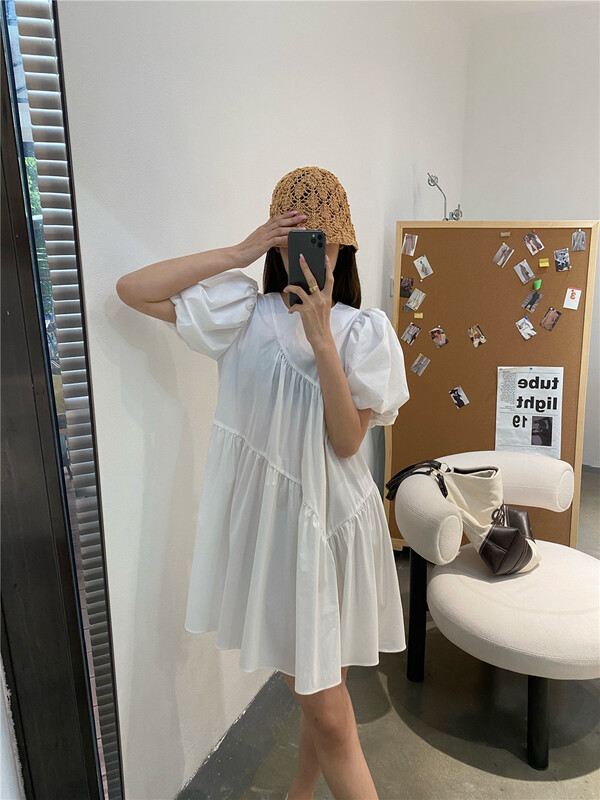 [modern 197] solid color pleated short sleeve dress 7019# GYJ