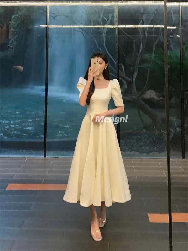 [see you] bubble sleeve waist closing solid dress 3857# PCZ