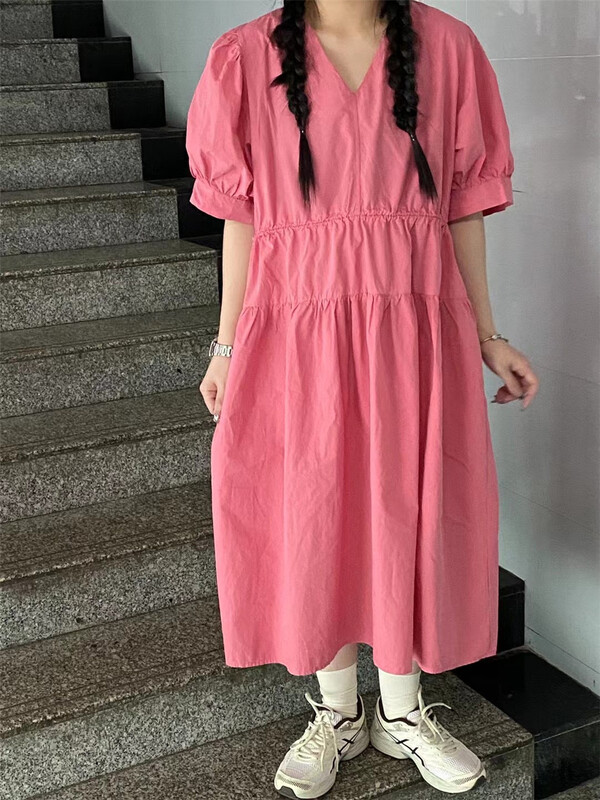 [bathing] lady temperament fashion V-neck Pleated Dress 1208# L
