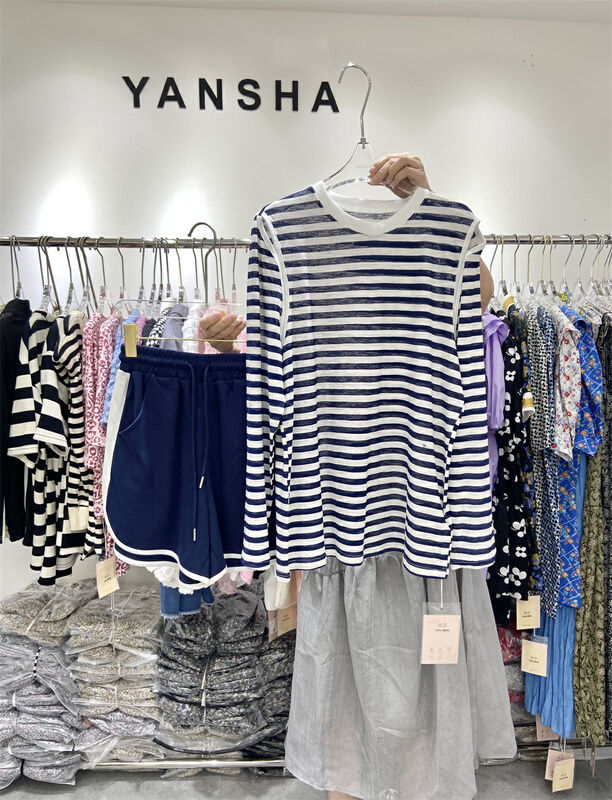 [Yan Sha] simple stripe comfortable long sleeve T-shirt + loose LACE UP SHORTS SET 189# CLS