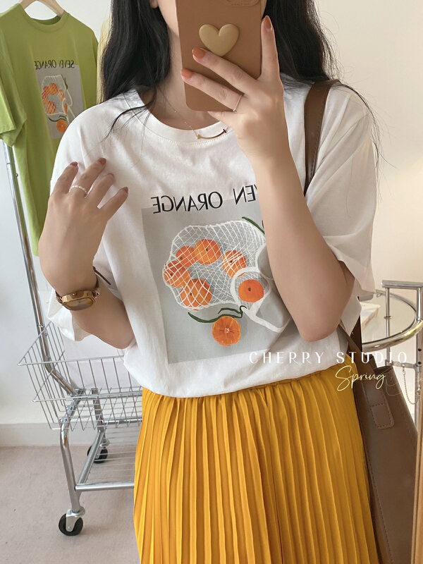 New in early summer! [cherry studio] loose oil painting orange short sleeve T-shirt 5068# HBx