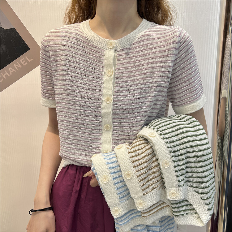 New in early summer! [mm. C] Korean striped temperament contrast short sleeved knitted cardigan b1335# lwy