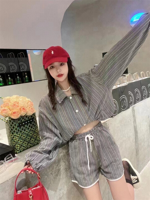 [Yan Zhen] long sleeved Plaid Button up shirt + casual LACE UP SHORTS SET 87112# PCZ