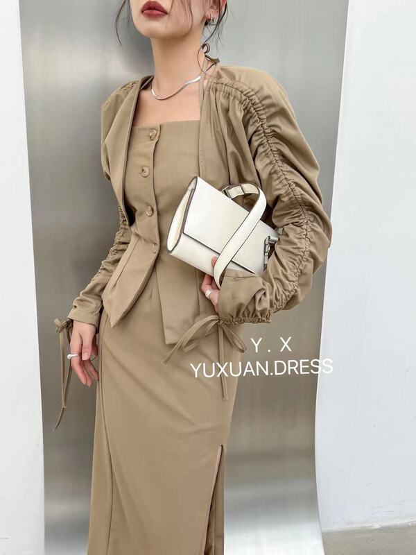 New year in early spring! [y.x] drawstring fashion shawl + single breasted Halter vest set ys1-936# zxl
