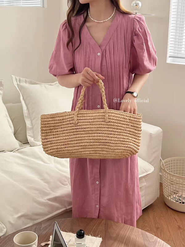 【 love 】 temperament wrinkled bubble sleeve single breasted dress s1277# HBx