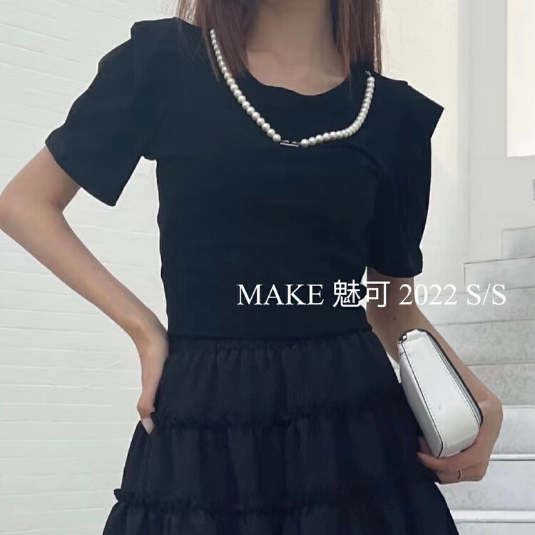 New in early summer! [make Meike] premium overlapping shoulder bubble sleeve short sleeve T-shirt (with chain) 8678# XJ