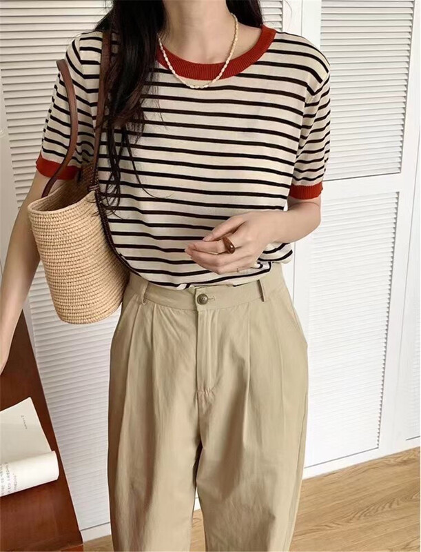 [Weika] simple casual stripe short sleeve sweater 8110# lwy