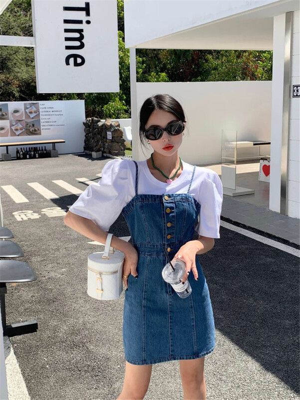 New in early summer! [d.ffstudio] Korean version solid color short sleeved T-shirt + sleeveless washing sling skirt set 842# WTT